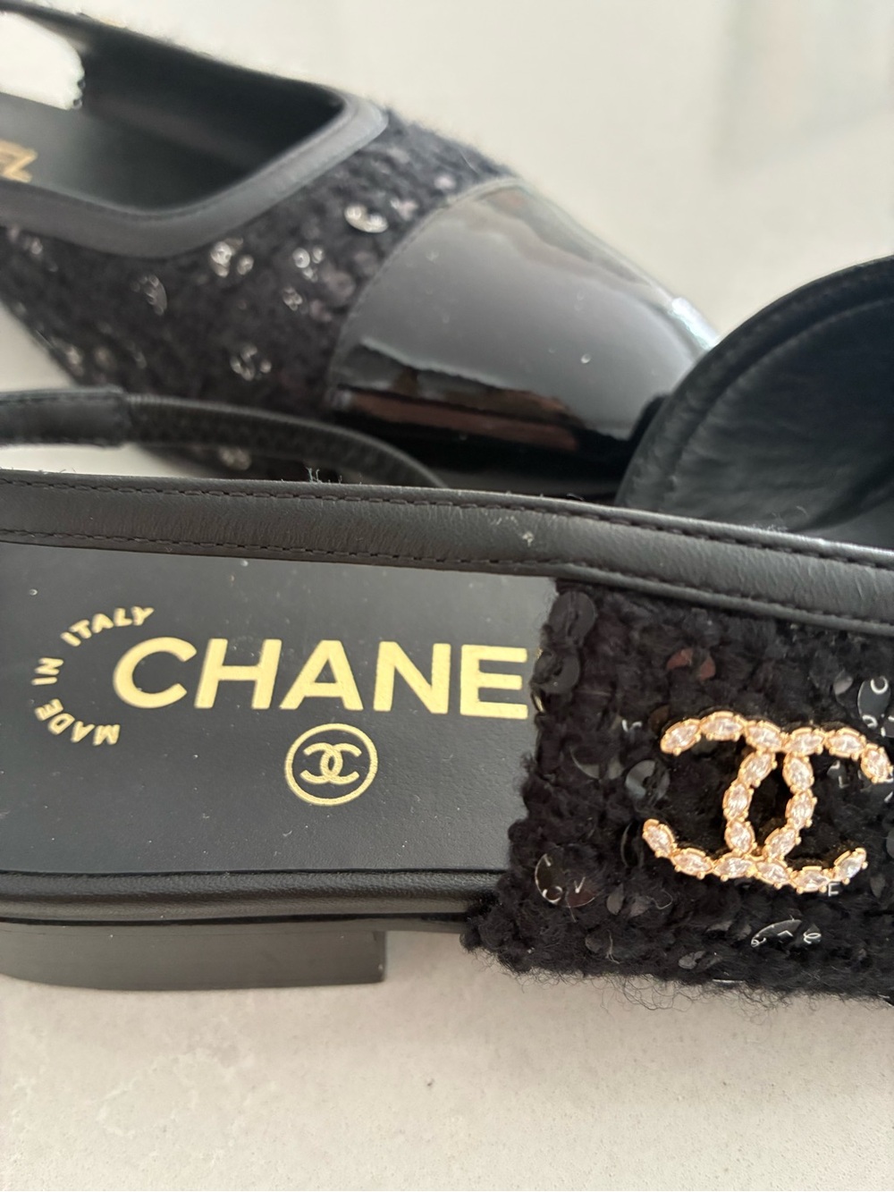 CHANEL Black Sequined Slingback Flats with Patent Cap Toe - Picture 3 of 3